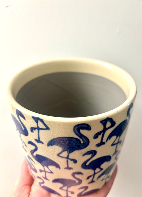 Blue flamingo pot