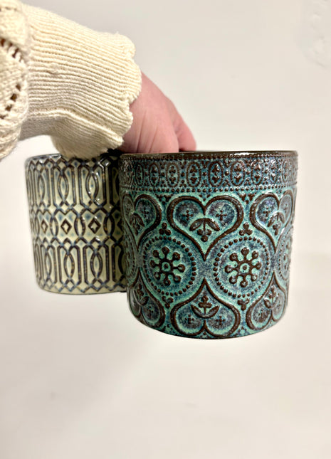 Blue patterned pots