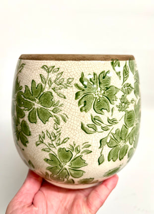 Green floral plant pot