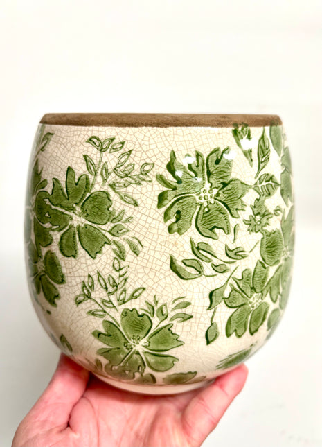 Green floral plant pot
